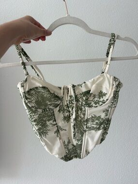 Cream and Olive Green Printed Bustier Crop Top